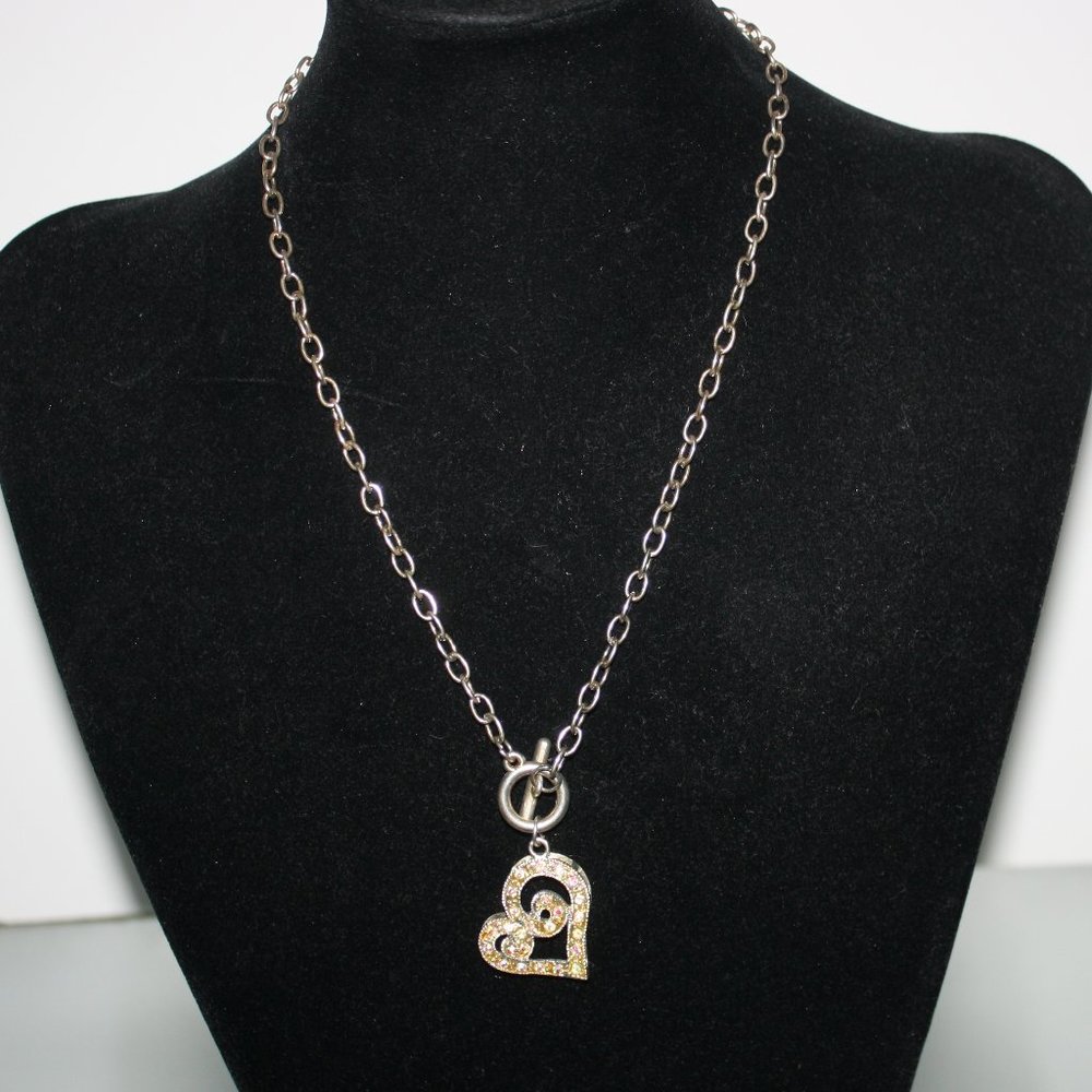 Silver Heart Chain Necklace Rhinestones